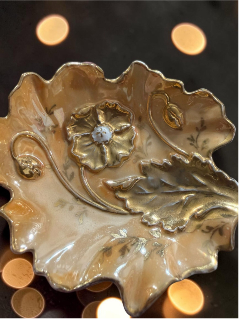 Vintage Hand-Painted Relief Porcelain Floral Candy Dish Gold Gilt Art Nouveau